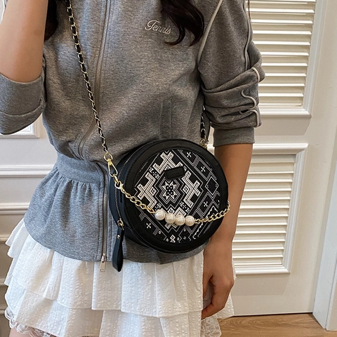Sac Bandoulière Rond Brodé Style Ethnique pour Femme Sac à Épaule en Cuir PU avec Chaîne de Perles Artificielles