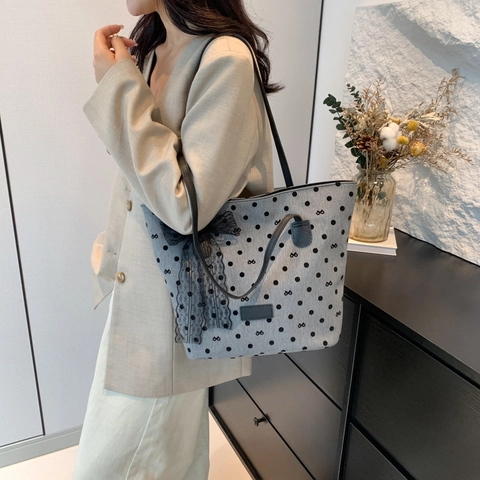 Vintage Polka Dot Tote Bag For Women Large Capacity Shoulder Bag With Lace Bow Detail PU Canvas Fabric Handbag Casual Daily Bag