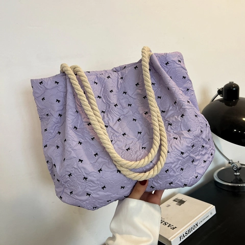 Bolso Tote Para Mujer Estampado De Lazo Tela Texturizada Gran Capacidad Bolso De Hombro Con Asa De Cuerda De Algodón