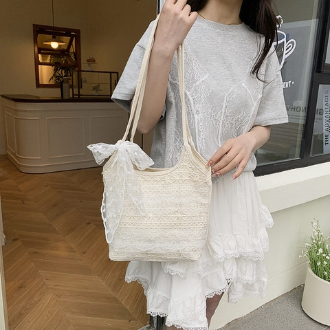 Women French Vintage Lace Crochet Tote Bag With Bow Canvas Lining Large Capacity Hollow Out Shoulder Bag Vacation Handbag