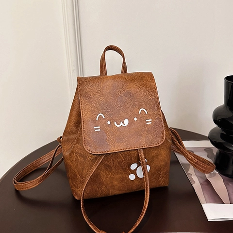 Dames Mini Kattengezicht Rugzak Schattige Cartoon PU Leer Kleine Rugzak Casual Mode Reizen Daypack Verstelbare Schoudertas