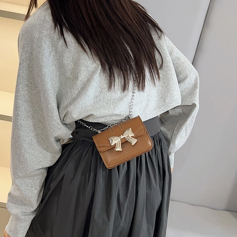 Mini Borsa A Tracolla Da Donna Pelle PU Fiocco Metallo Argento Patta Piccola Spalla Catena Borsetta Stile Dolce Cool