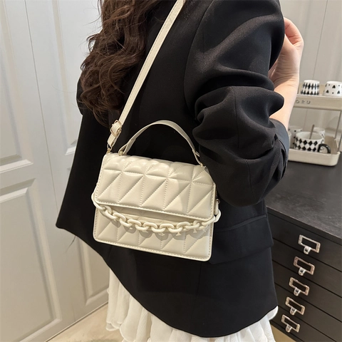 Bolso de Hombro de Cuero PU Acolchado para Mujer Con Cadena de Acrílico Bolso Bandolera Cuadrado de Moda Color Sólido Bolso de Mano