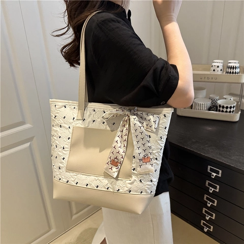 Borsa Tote Patchwork Trapuntata da Donna Grande Capacità in Pelle PU Borsa a Spalla con Fiocco a Sciarpa Decorativo