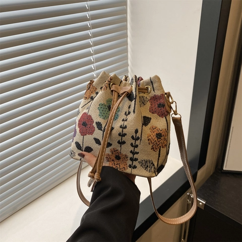 Ethnische Gewebte Beuteltasche Damen Baumwolle Leinen Floral Geometrisch Kordelzug Umhängetasche Vintage Lässig Schick