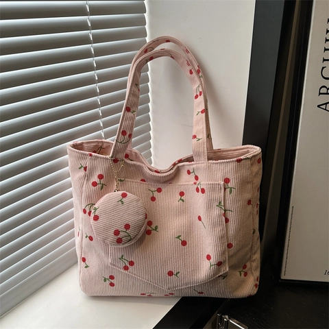 Women Cherry Print Corduroy Tote Bag Large Capacity Handbag Shoulder Bag With Round Coin Purse Pendant Set Student Bag
