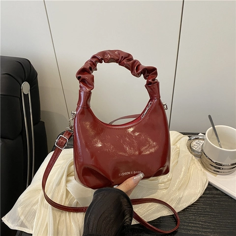 Bolso Hobo para Mujer de Cuero PU Brillante Asa Plisada Color Sólido Gran Capacidad Bolso de Hombro Moda Diario Chic