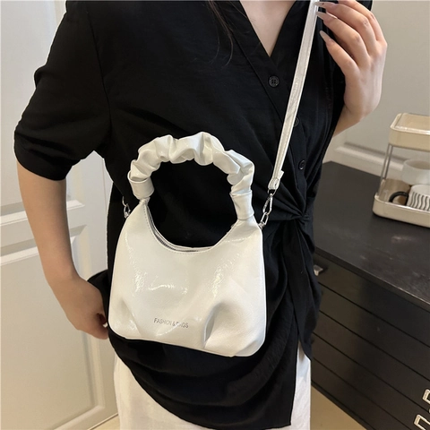 Women Ruched Handle Handbag PU Patent Leather Minimalist Half Moon Shoulder Bag Trendy Scrunchie Crossbody Bag