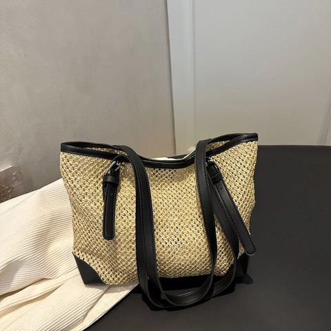Γυναικεία Μόδα Ψάθινη Πλεκτή Borsa Tote Ιμάντας από Δέρμα PU Αντίθεσης Ρυθμιζόμενος Μεγάλη Χωρητικότητα Παραλία Διακοπές Τσάντα Ώμου