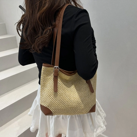 Γυναικεία Μόδα Ψάθινη Πλεκτή Borsa Tote Ιμάντας από Δέρμα PU Αντίθεσης Ρυθμιζόμενος Μεγάλη Χωρητικότητα Παραλία Διακοπές Τσάντα Ώμου