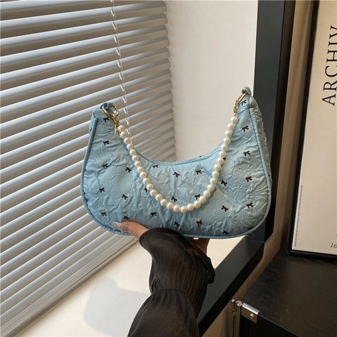 Korean Sweet Bow Print Crescent Underarm Hobo Bag With Artificial Pearl Strap Ruffled Textured Fabric For Women Casual Daily Elegance