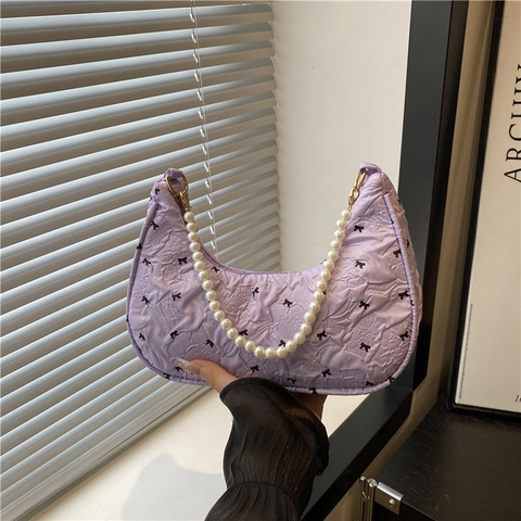 Korean Sweet Bow Print Crescent Underarm Hobo Bag With Artificial Pearl Strap Ruffled Textured Fabric For Women Casual Daily Elegance