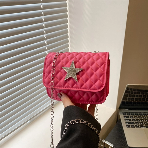 Quilted Crossbody Bag PU Leather Rhinestone Star Decoration Silver Chain Strap Small Square Flap Purse For Women