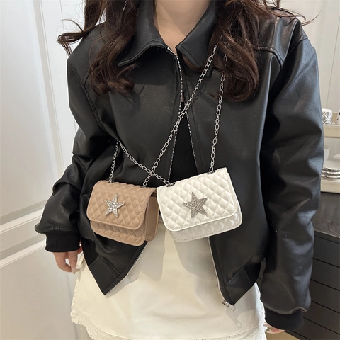 Quilted Crossbody Bag PU Leather Rhinestone Star Decoration Silver Chain Strap Small Square Flap Purse For Women
