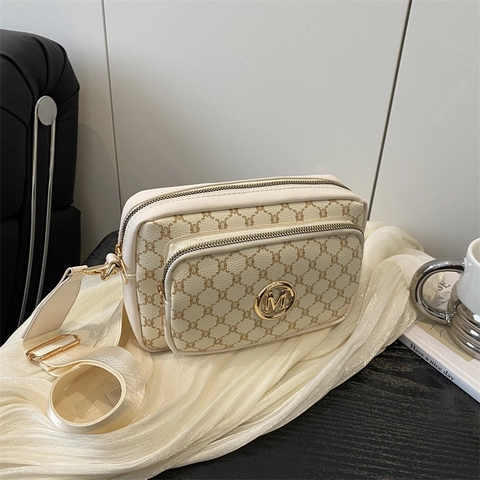 Vintage Monogram Crossbody Bag For Women Luxury PU Leather Camera Bag With Wide Strap Double Zipper Square Shoulder Bag