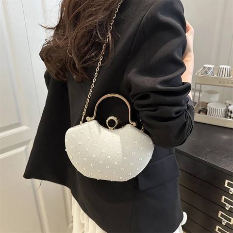 Elegante Borsa da Sera in Tessuto Denim Clutch da Donna Manico ad Anello in Metallo Catena in Strass Borsa a Tracolla Gioiello per Matrimonio