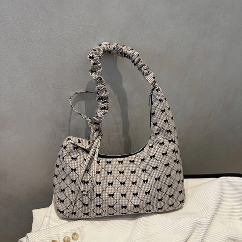 Damen Süßer Vintage Segeltuch Gitter Schleife Unterarmtasche Gerüschter Griff Hobo Tasche Kleine Schleife Druck Umhängetasche