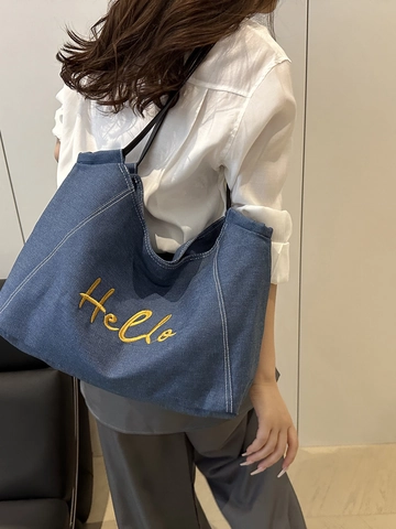 Damen Koreanisch Denim Tragetasche Große Kapazität Hello Stickerei Schultertasche Casual Täglich Pendler Handtasche Denim Tasche