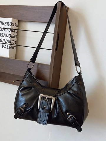 Vintage Minimalist Pleated PU Leather Underarm Bag For Women Large Metal Buckle Retro Shoulder Bag Commuting Elegant Handbag