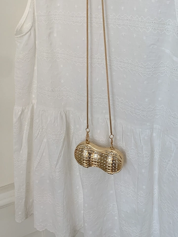 Borsa a Tracolla Mini Creativa a Forma di Arachide per Donna Intarsiata di Strass Oro Argento Pochette da Sera con Catena