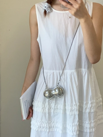 Borsa a Tracolla Mini Creativa a Forma di Arachide per Donna Intarsiata di Strass Oro Argento Pochette da Sera con Catena