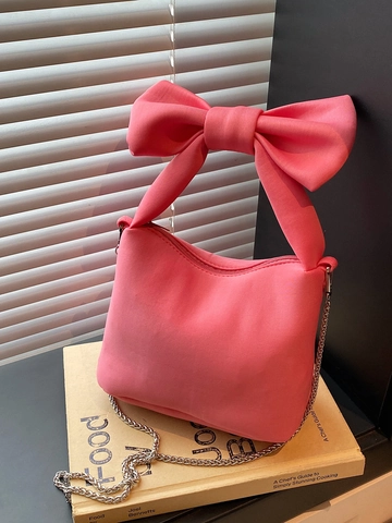 Cute Large Bow Decor Handbag For Women Solid Color PU Leather Shoulder Bag With Silver Chain Strap Sweet Daily Tote Bag