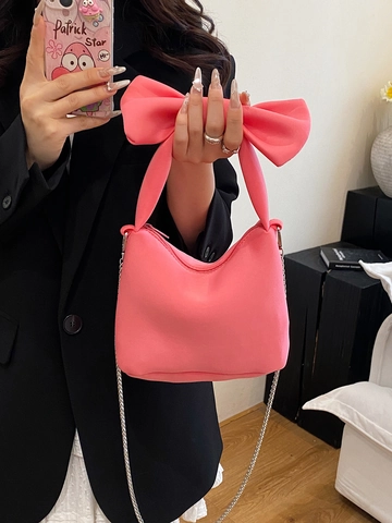 Cute Large Bow Decor Handbag For Women Solid Color PU Leather Shoulder Bag With Silver Chain Strap Sweet Daily Tote Bag