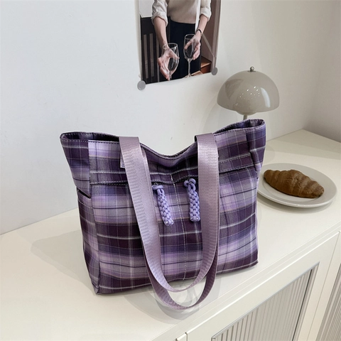 Damen Casual Karo Tote Bag Große Kapazität Segeltuch Gitter Umhängetasche Retro Pendler Handtasche Mit Reißverschluss Und Geflochtener Dekoration