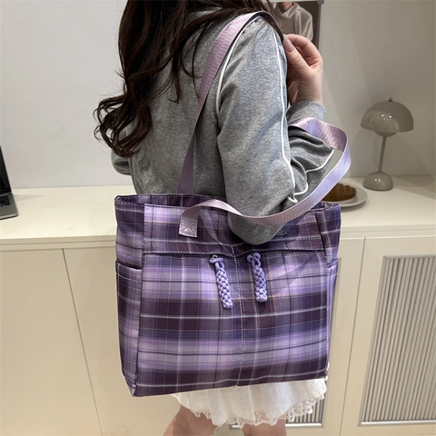 Damen Casual Karo Tote Bag Große Kapazität Segeltuch Gitter Umhängetasche Retro Pendler Handtasche Mit Reißverschluss Und Geflochtener Dekoration