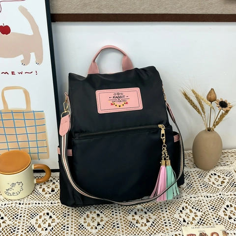 Women Fashion Backpack Waterproof Nylon School Bag Large Capacity With Tassel Contrast Color Striped Straps Casual Travel Daypack