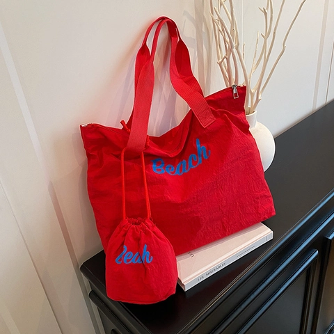 Women Large Capacity Nylon Tote Bag And Pouch Beach Letter Print Casual Single Shoulder Handbag Korean Minimalist Style
