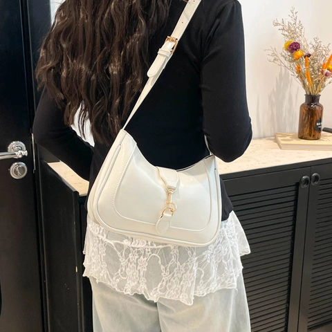 Borsa Sottobraccio in Nylon Lucido Design Francese per Donna Minimalista Retrò Mezzaluna Hobo Borsa a Tracolla con Fibbia in Metallo