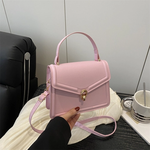Women Crossbody Bag PU Leather Small Square Handbag With Golden Lock Envelope Flap Top Handle Retro Shoulder Bag