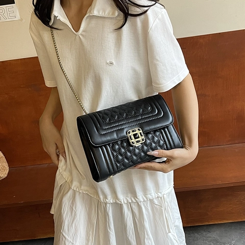 Damen Stepptasche Mit Kette Vintage PU Leder Umhängetasche Mit Edelstein Quadratischem Schloss Rautenmuster Mode Tasche
