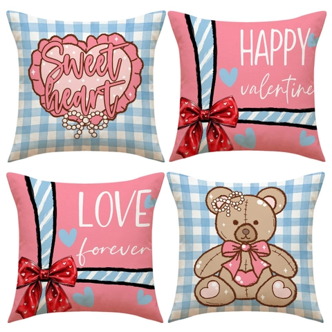 Valentine's Day Cushion Cover Romantic Heart Bear Print Polyester Pillowcase Home Decor Sofa Bedroom Wedding Party Sweet