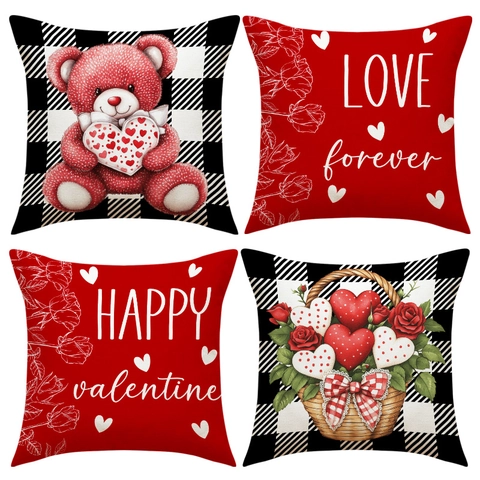 Valentine's Day Decorative Pillow Covers Polyester Linen Plaid Print Heart Teddy Bear Rose Patterns For Home Sofa Decor