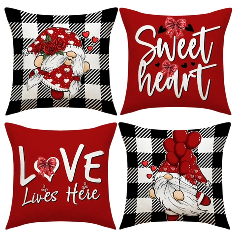 Valentinstag Gnom Herz Kissenbezug Polyester Leinen Buffalo Karo Kissenhülle Für Sofa Zuhause Deko Valentinsgeschenk Ohne Inlay