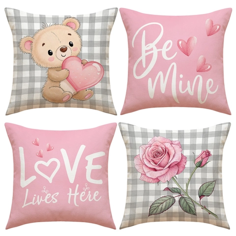 Valentine's Day Pink Linen Pillow Case Rose Teddy Bear Love Lives Here Heart Printed Cushion Cover For Sofa Living Room Home Decor