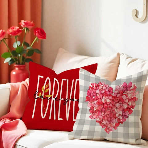 Valentine Decorative Pillowcase Heart Bow Buffalo Check Linen Look Polyester Cushion Cover For Sofa Living Room Decor