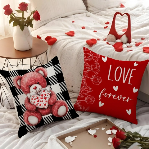 Valentine's Day Decorative Pillow Covers Polyester Linen Plaid Print Heart Teddy Bear Rose Patterns For Home Sofa Decor