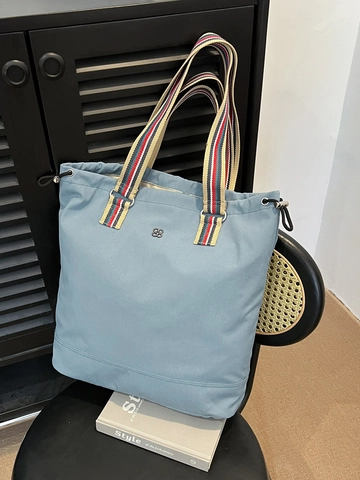 Canvas Tote Bag Large Capacity Webbing Striped Handle Drawstring Shoulder Bag Casual College Style For Women