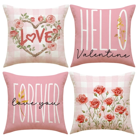 Valentijnsdag Kussensloop Polyester Linnen Decoratieve Kussenhoes Romantisch Rozenhart Liefde Patroon Voor Bank Huisdecoratie