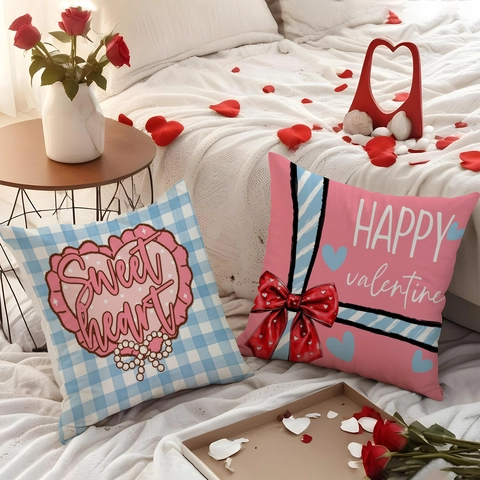 Valentine's Day Cushion Cover Romantic Heart Bear Print Polyester Pillowcase Home Decor Sofa Bedroom Wedding Party Sweet