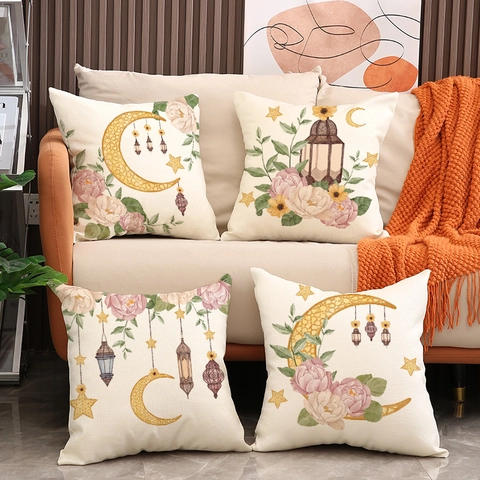 Ramadan Eid Mubarak Decorative Pillowcase Linen Look Polyester Cushion Cover Moon Lantern Floral Print For Sofa Living Room