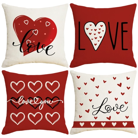 Valentijnsdag Rood Hart Kussensloop Polyester Linnen Textuur Liefde Print Vierkante Decoratieve Kussenhoes Voor Bank