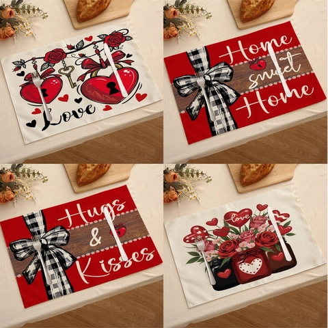 Sets De Table De La Saint Valentin Imprimé Coeur Romantique En Lin Polyester Tapis Résistants À La Chaleur Pour Décoration De Table