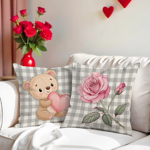 Valentine's Day Pink Linen Pillow Case Rose Teddy Bear Love Lives Here Heart Printed Cushion Cover For Sofa Living Room Home Decor