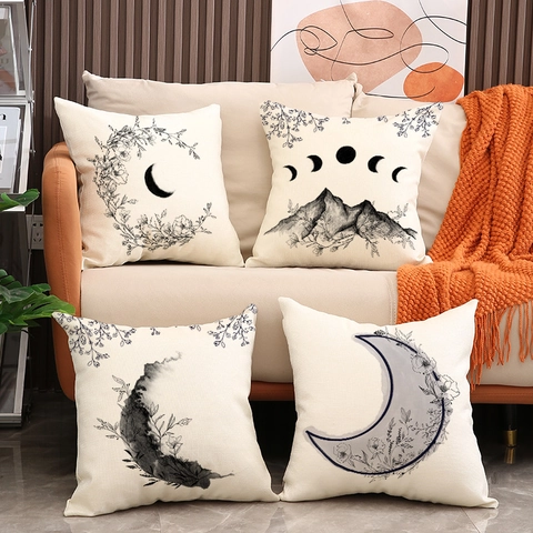 Funda de Almohada Decorativa Minimalista Fases Lunares Montañas Flores Cuadrada de Mezcla de Poliéster Lino Funda de Cojín Para Sofá Salón Decoración