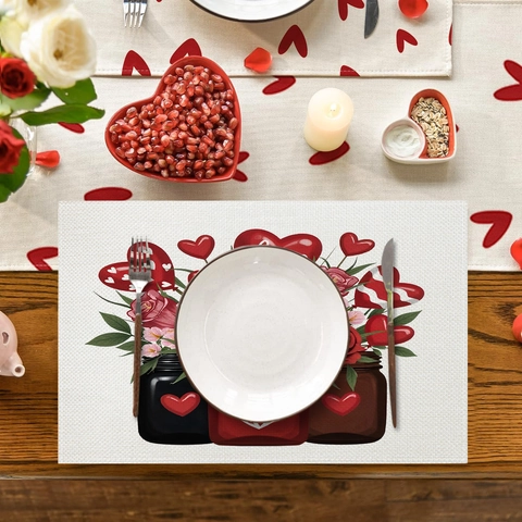 Sets De Table De La Saint Valentin Imprimé Coeur Romantique En Lin Polyester Tapis Résistants À La Chaleur Pour Décoration De Table