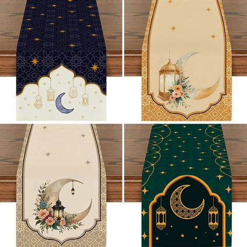 Ramadan Eid Table Runner Polyester Fabric Moon Stars Lantern Floral Pattern Decorative Dining Table Cloth For Home Kitchen Party